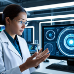 A focused female scientist, fully clothed in a modest lab coat and professional attire, standing within a pristine, futuristic research laboratory. She is observing complex, intricate data visualizations that spiral and connect from a central, glowing AI interface, with her hands naturally posed in a contemplative gesture. The scene is illuminated by soft, innovative lighting, emphasizing the intellectual and innovative atmosphere. Perfect anatomy, correct proportions, natural pose, well-formed hands, proper finger count, natural body proportions, high-resolution, crisp focus, safe for work, appropriate content, fully clothed, professional, family-friendly.