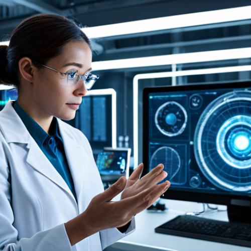 Home 4 A focused female scientist, fully clothed in a modest lab coat and professional attire, standing within a pristine, futuristic research laboratory. She is observing complex, intricate data visualizations that spiral and connect from a central, glowing AI interface, with her hands naturally posed in a contemplative gesture. The scene is illuminated by soft, innovative lighting, emphasizing the intellectual and innovative atmosphere. Perfect anatomy, correct proportions, natural pose, well-formed hands, proper finger count, natural body proportions, high-resolution, crisp focus, safe for work, appropriate content, fully clothed, professional, family-friendly.