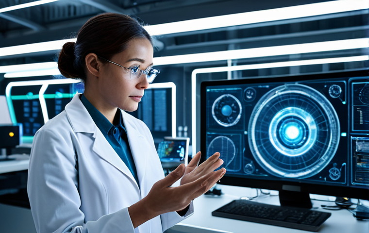 A focused female scientist, fully clothed in a modest lab coat and professional attire, standing within a pristine, futuristic research laboratory. She is observing complex, intricate data visualizations that spiral and connect from a central, glowing AI interface, with her hands naturally posed in a contemplative gesture. The scene is illuminated by soft, innovative lighting, emphasizing the intellectual and innovative atmosphere. Perfect anatomy, correct proportions, natural pose, well-formed hands, proper finger count, natural body proportions, high-resolution, crisp focus, safe for work, appropriate content, fully clothed, professional, family-friendly.