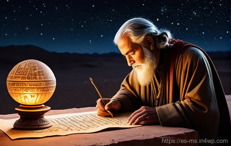 과학적 발견과 시대적 배경 - **Prompt:** An ancient scholar, fully clothed in a traditional, modest tunic and cloak, stands on a ...