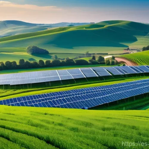 과학적 발견과 환경의 관계 - **A Symphony of Green Energy and Smart Agriculture**
    A vibrant, panoramic view of a futuristic l...