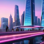 과학적 발견의 대중문화 속 반영 - **"A vibrant, bustling futuristic city at sunset, brimming with advanced technology seamlessly integ...