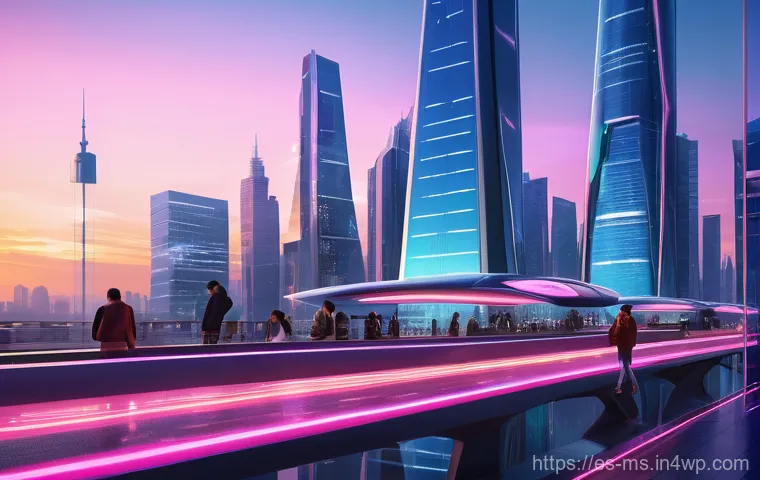 과학적 발견의 대중문화 속 반영 - **"A vibrant, bustling futuristic city at sunset, brimming with advanced technology seamlessly integ...