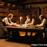 Home 20 과학적 발견의 시기별 발전 분석 - A detailed historical scene depicting 16th-century European scientists in a rustic study room, surro...