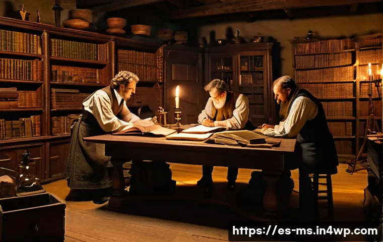 과학적 발견의 시기별 발전 분석 - A detailed historical scene depicting 16th-century European scientists in a rustic study room, surro...