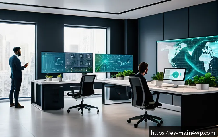 과학적 발견의 의미와 중요성 - A futuristic office environment showcasing diverse professionals using AI-powered holographic interf...