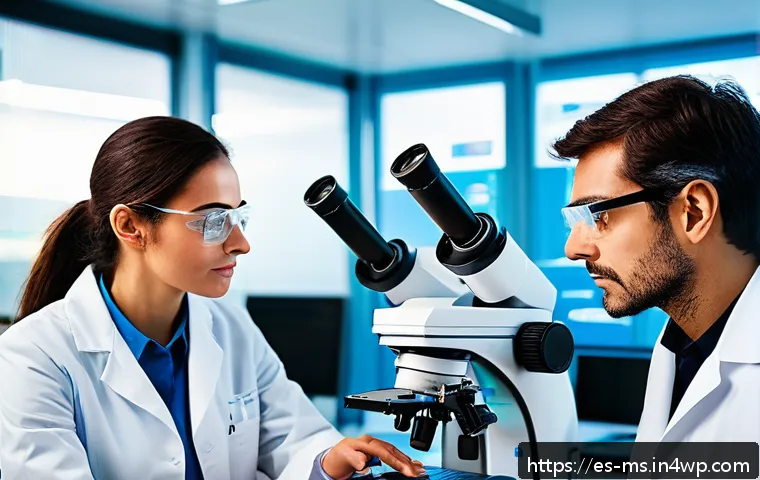 과학적 발견의 가치와 그 결정 요인 - A modern biotechnology laboratory scene in Spain featuring a diverse multidisciplinary team of scien...