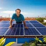 Home 23 과학적 발견의 혁신적 사례 - A modern Latin American urban home rooftop with sleek solar panels under a bright sunny sky, a middl...