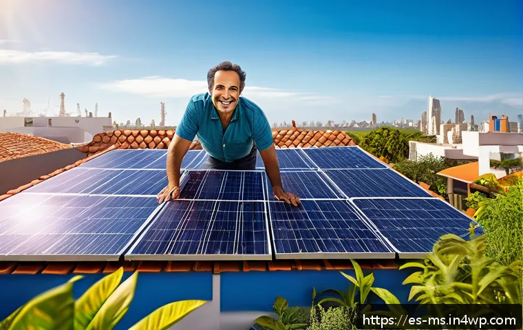 과학적 발견의 혁신적 사례 - A modern Latin American urban home rooftop with sleek solar panels under a bright sunny sky, a middl...