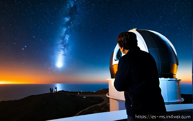 Home 17 과학적 발견이 인류에 남긴 질문 - Photorealistic wide-angle scene inside a modern Spanish research observatory at night, a diverse tea...