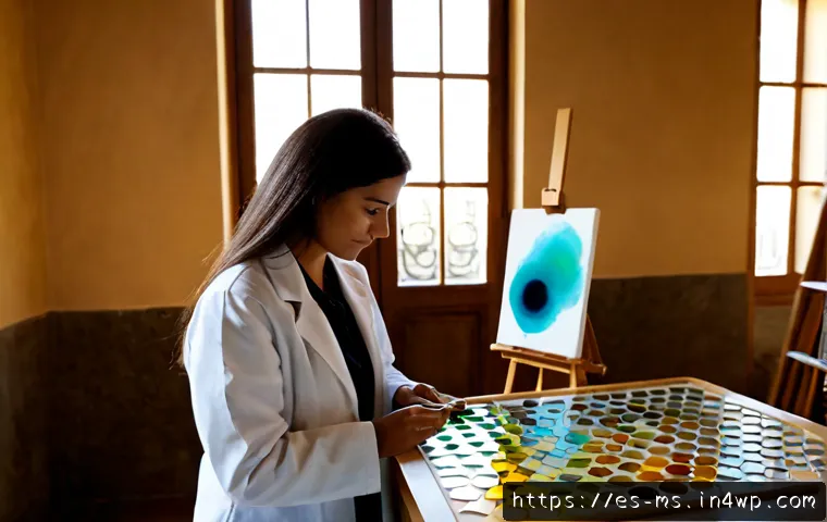 과학적 발견과 예술의 융합 - Photorealistic sunlit artist’s studio in Barcelona, a female scientist in a white lab coat and a pai...